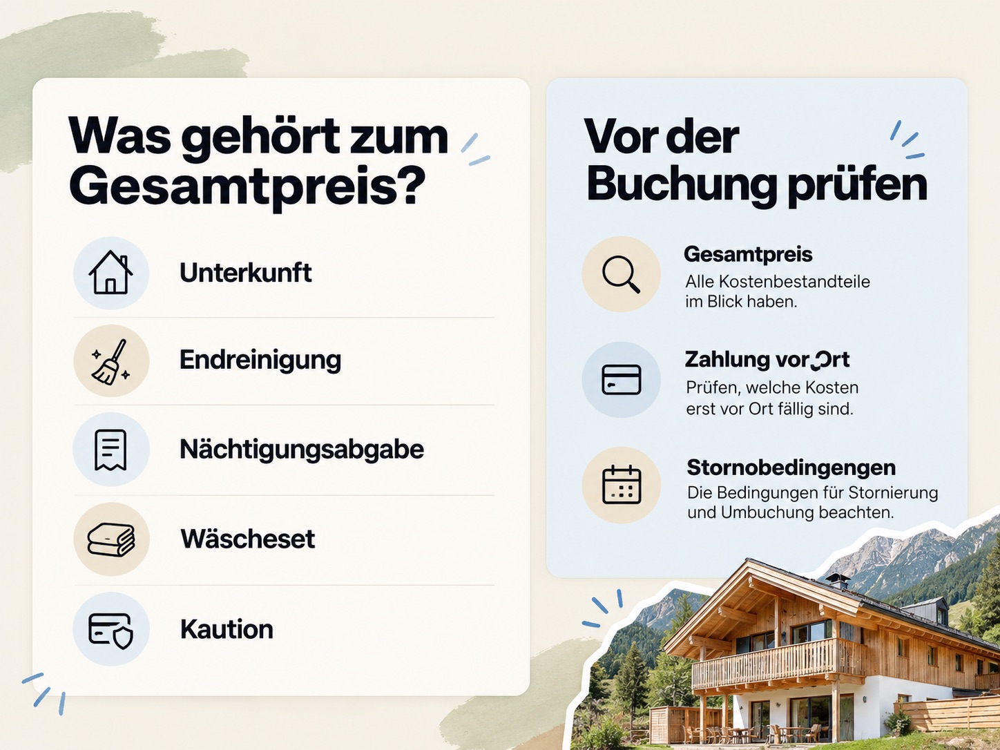 Übersicht zu Mietpreis, Endreinigung, Nächtigungsabgabe, Wäscheset und Kaution bei einer Ferienwohnung