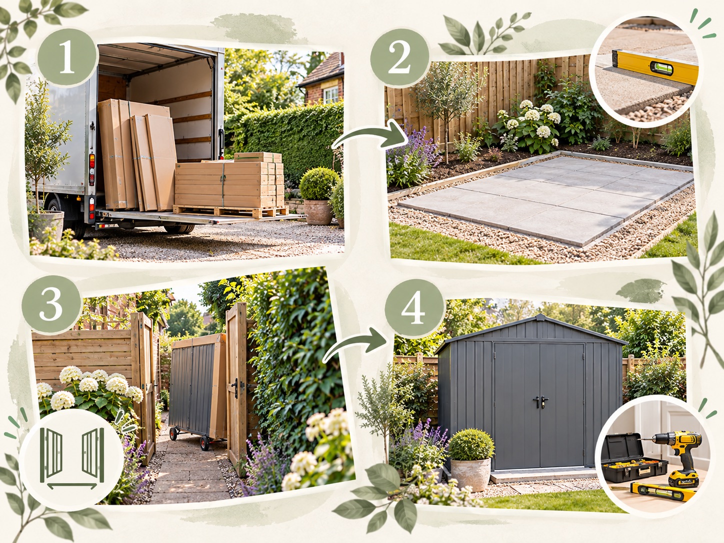 Editorial diagram showing flat-pack garden building delivery, prepared shed base and optional professional installation