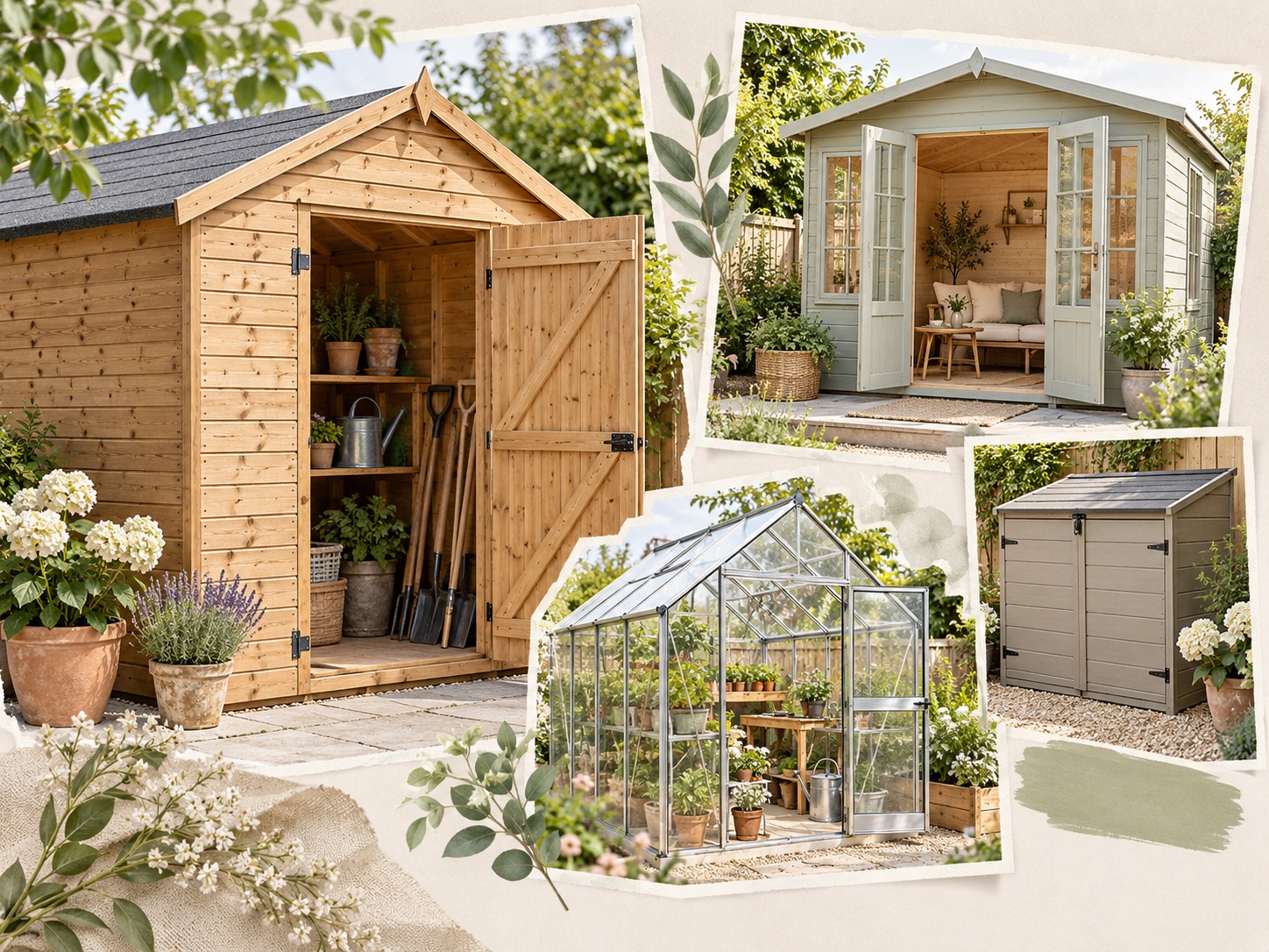 Buy Sheds Direct review featuring a wooden shed, summerhouse, greenhouse and garden storage building