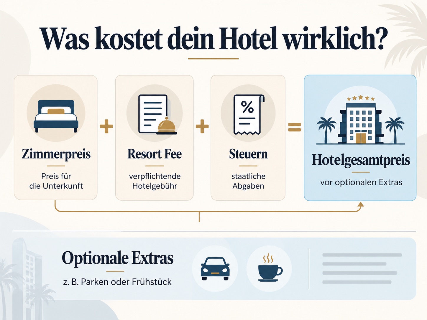 Infografik zur Zusammensetzung des Hotelgesamtpreises aus Zimmerpreis, Resort Fee, Steuern und optionalen Extras