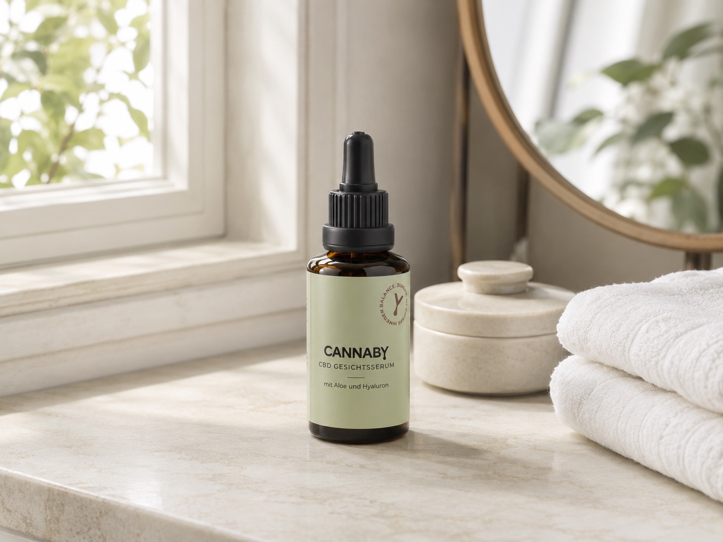 CANNABY CBD Gesichtsserum mit Retinol und Hyaluronsäure in moderner Hautpflege-Szene