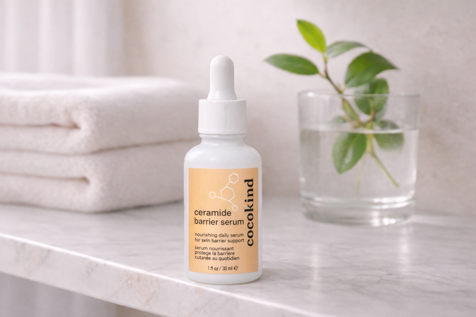 Cocokind Ceramide Barrier Serum in a frosted glass dropper bottle