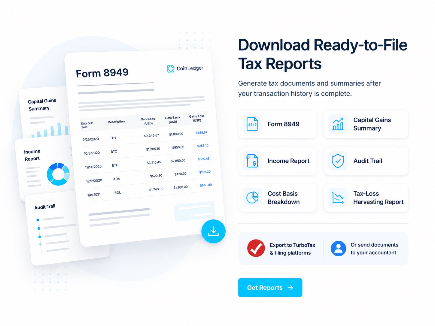 CoinLedger review — Form 8949, capital gains, income, and audit trail tax report options