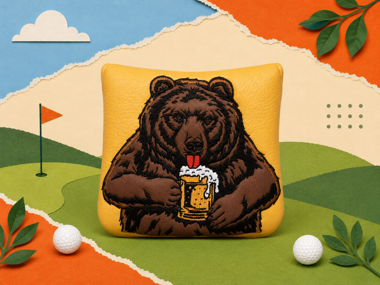 Craftsman Golf Brown Bear Large Mallet Putter Headcover with embroidered bear design