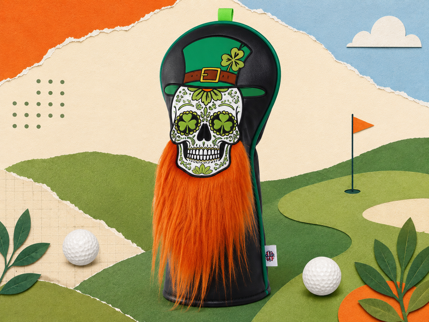 Craftsman Golf leprechaun skull driver headcover with green hat and orange beard on black leather