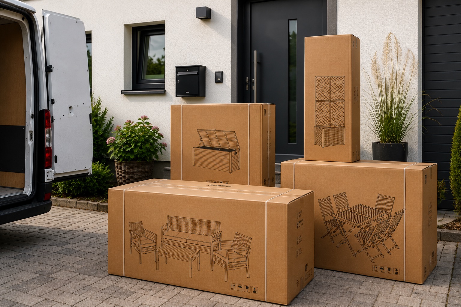 DeubaXXL review — several large garden furniture boxes delivered to a British home
