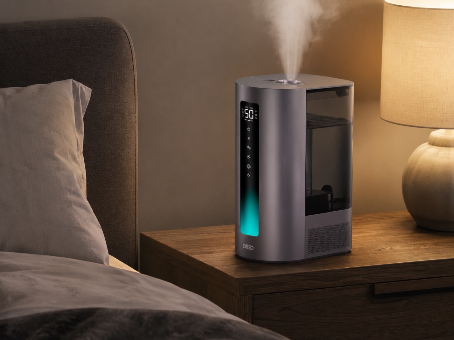 Dreo review — Smart Humidifier 713S operating on a bedroom side table