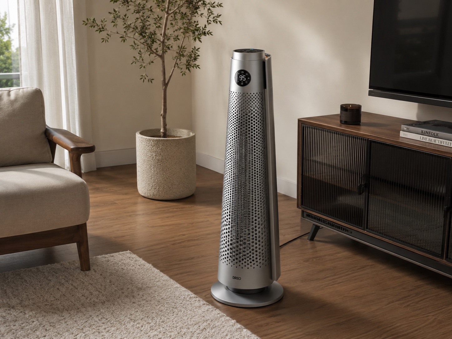 Dreo review — Tower Heater 718 positioned in a bedroom with clear floor space