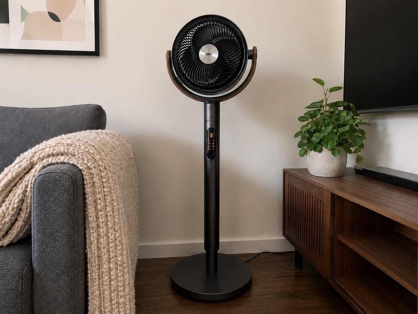 Dreo review — TurboPoly Fan 513S circulating air in a modern living room