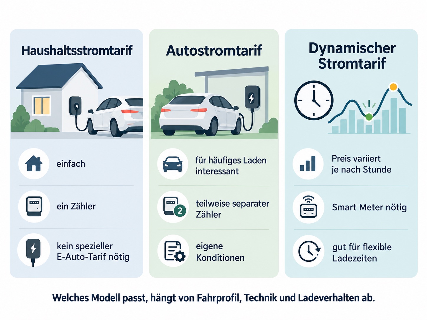 Infografik zum Vergleich von Haushaltsstromtarif, Autostromtarif und dynamischem Stromtarif für eine Wallbox