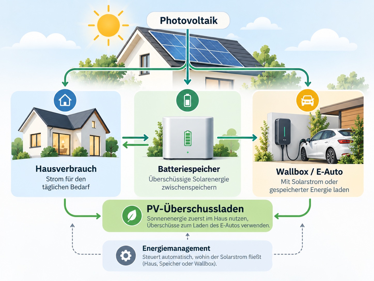 Infografik zu Photovoltaikanlage, Hausverbrauch, Batteriespeicher, Wallbox und PV-Überschussladen eines Elektroautos