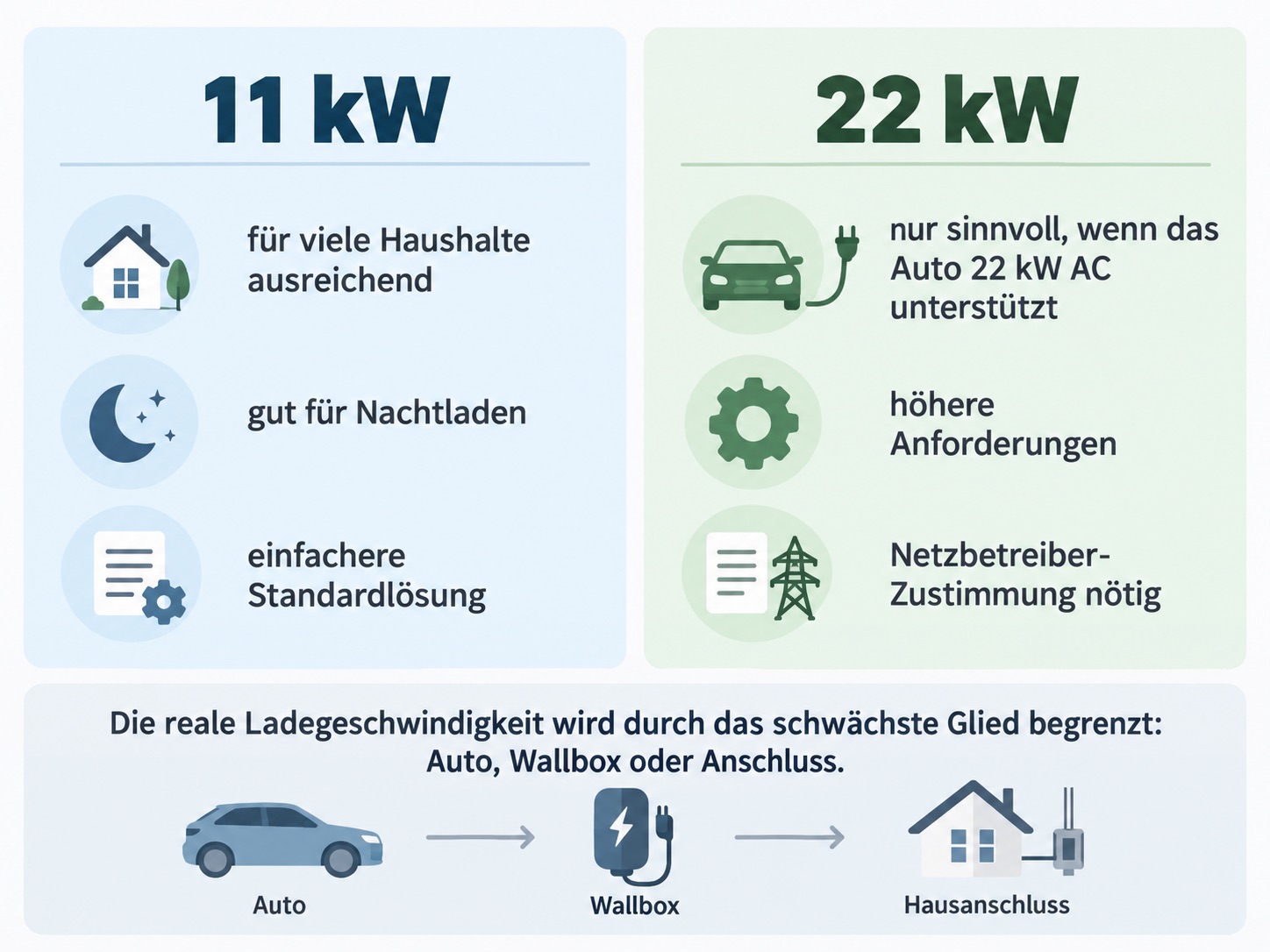 Vergleich einer 11-kW- und 22-kW-Wallbox mit Fahrzeugkompatibilität, Hausanschluss und Ladeleistung