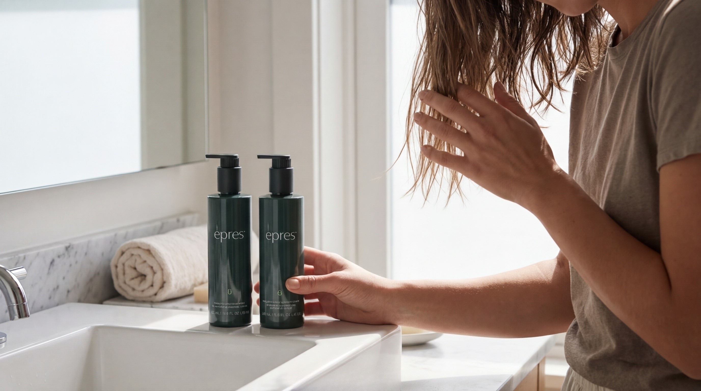 epres Healthy Hair Shampoo and Conditioner bottles styled together on a clean bathroom surface