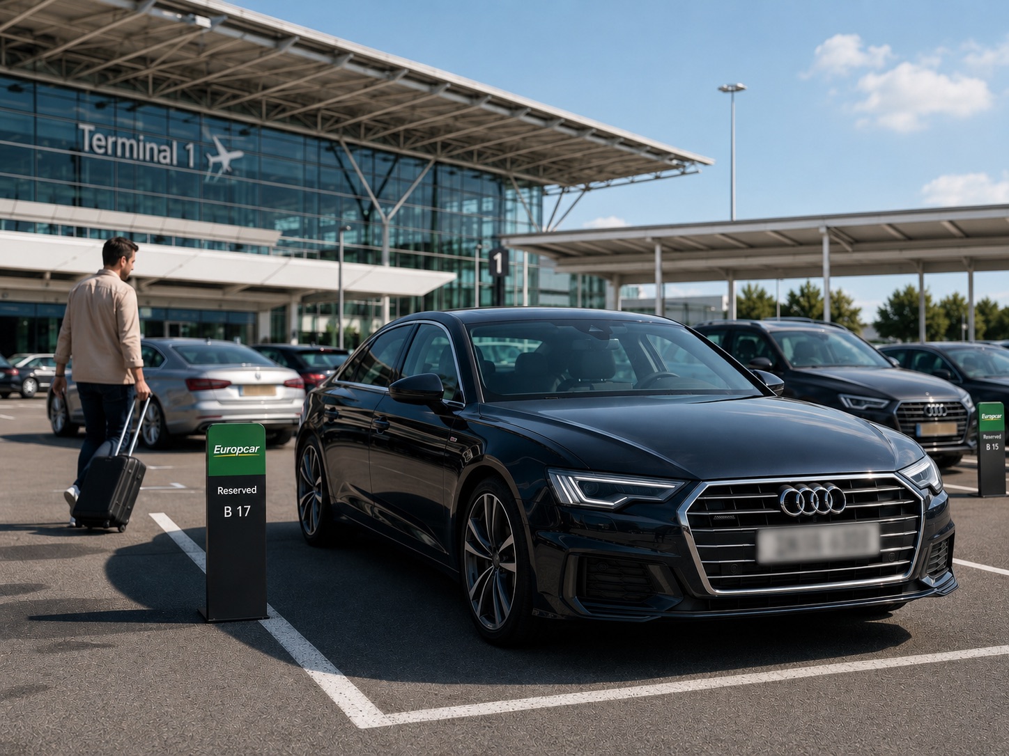 Europcar review — traveller collecting a rental car near an airport terminal