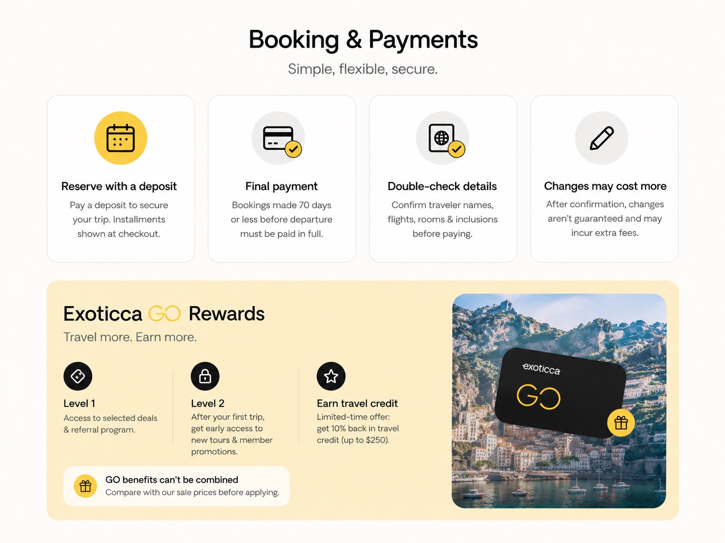 Infographic explaining Exoticca deposit and payment rules, booking checks, change fees, and GO Rewards benefits
