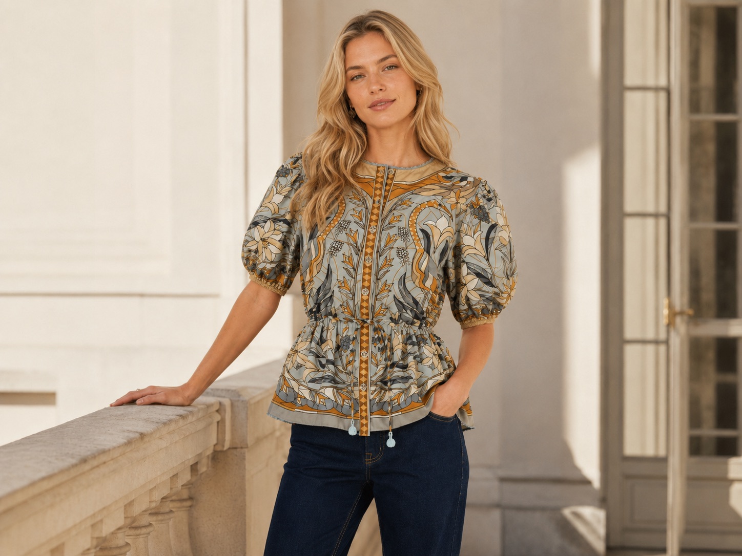 FARM Rio Stained Glass Beauty Drawstring Buttoned Blouse mit blau-goldenem Statement-Print