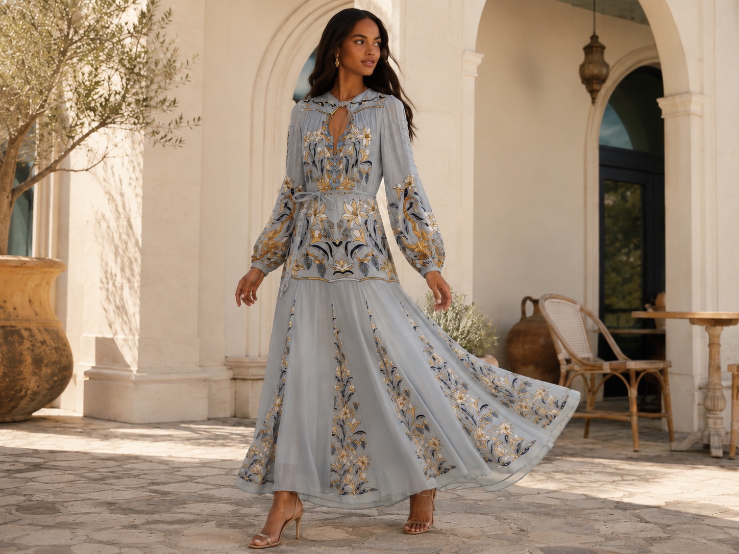 FARM Rio Stained Glass Beauty Long Sleeve Pleated Maxi Dress mit farbigem Print und plissiertem Rock