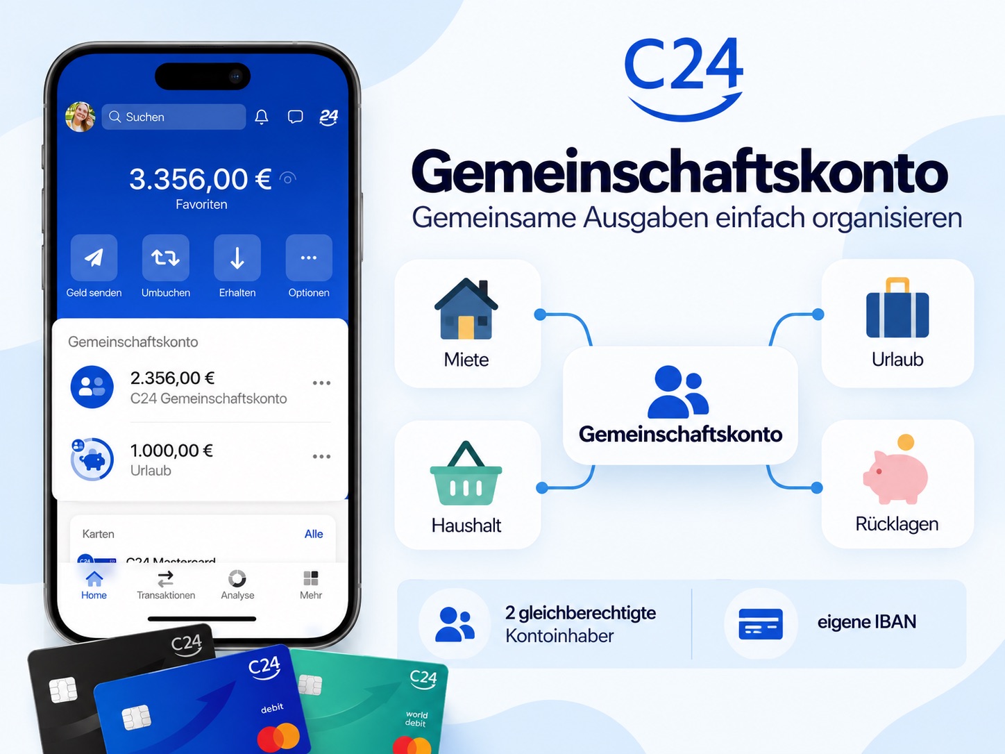 C24 Gemeinschaftskonto mit eigener IBAN und gemeinsamen Pockets für Miete, Urlaub und Haushaltskosten