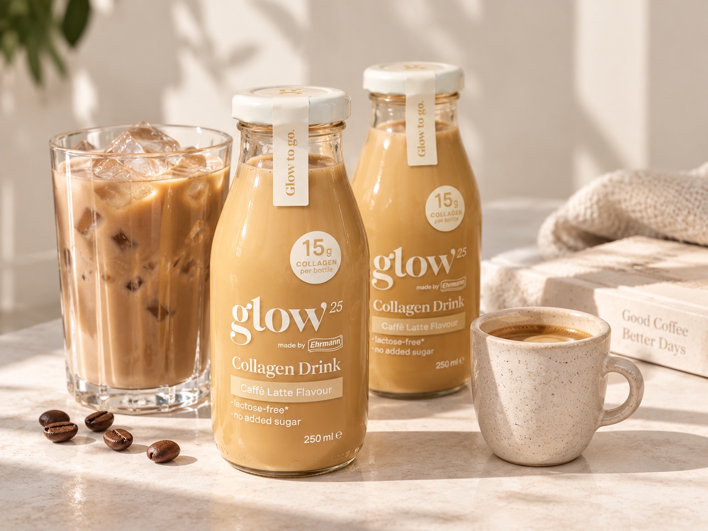 Glow25 Collagen Drink Caffè Latte in trinkfertigen 250-Milliliter-Flaschen