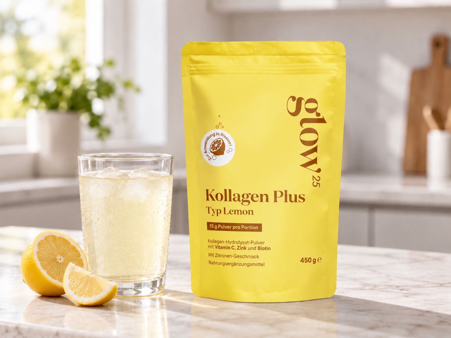 Glow25 Kollagen Plus Typ Lemon als Kollagenpulver mit Zitronengeschmack für kaltes Wasser
