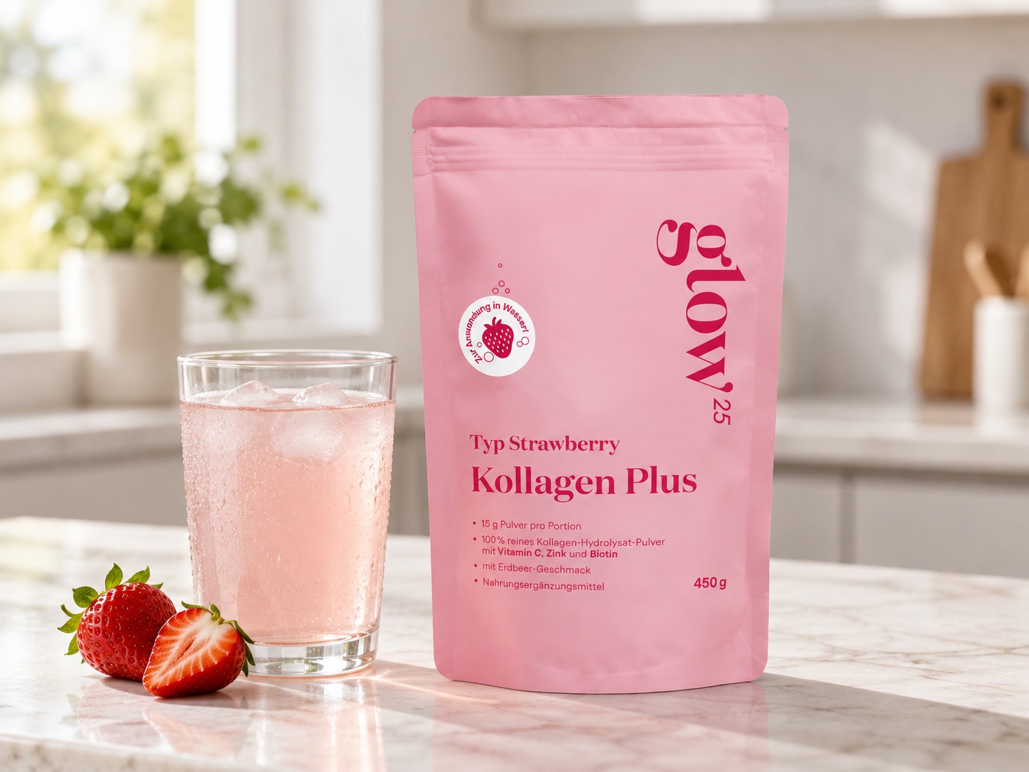 Glow25 Kollagen Plus Typ Strawberry als fruchtiges Kollagenpulver zum Einrühren in Wasser