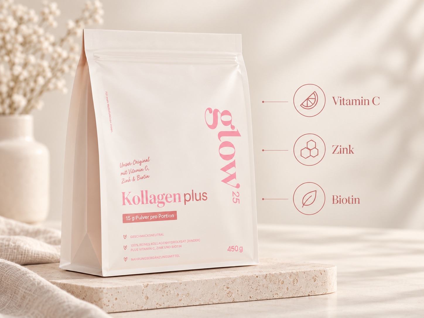 Glow25 Kollagen Plus mit Vitamin C, Zink und Biotin im 450-Gramm-Beutel