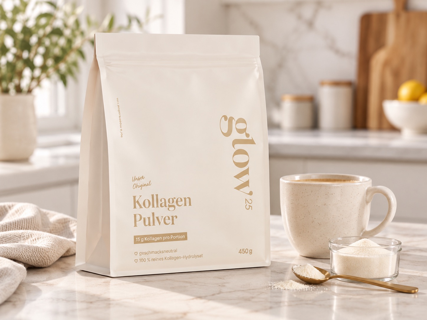 Glow25 Kollagen Pulver im Beutel als geschmacksneutrale Basis für die tägliche Routine