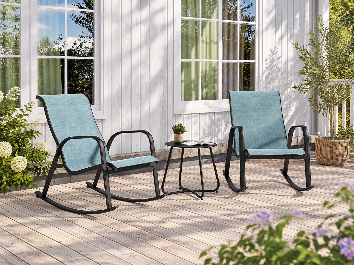 Grand Patio three-piece outdoor bistro set with two rocking chairs and a matching side table
