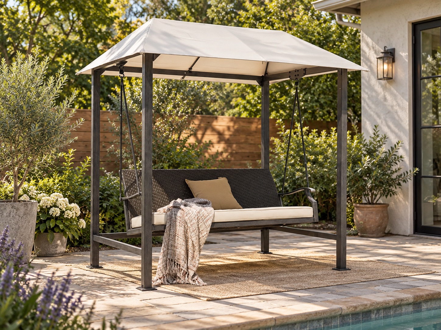 Grand Patio three-seat porch swing with adjustable canopy and cushioned seating