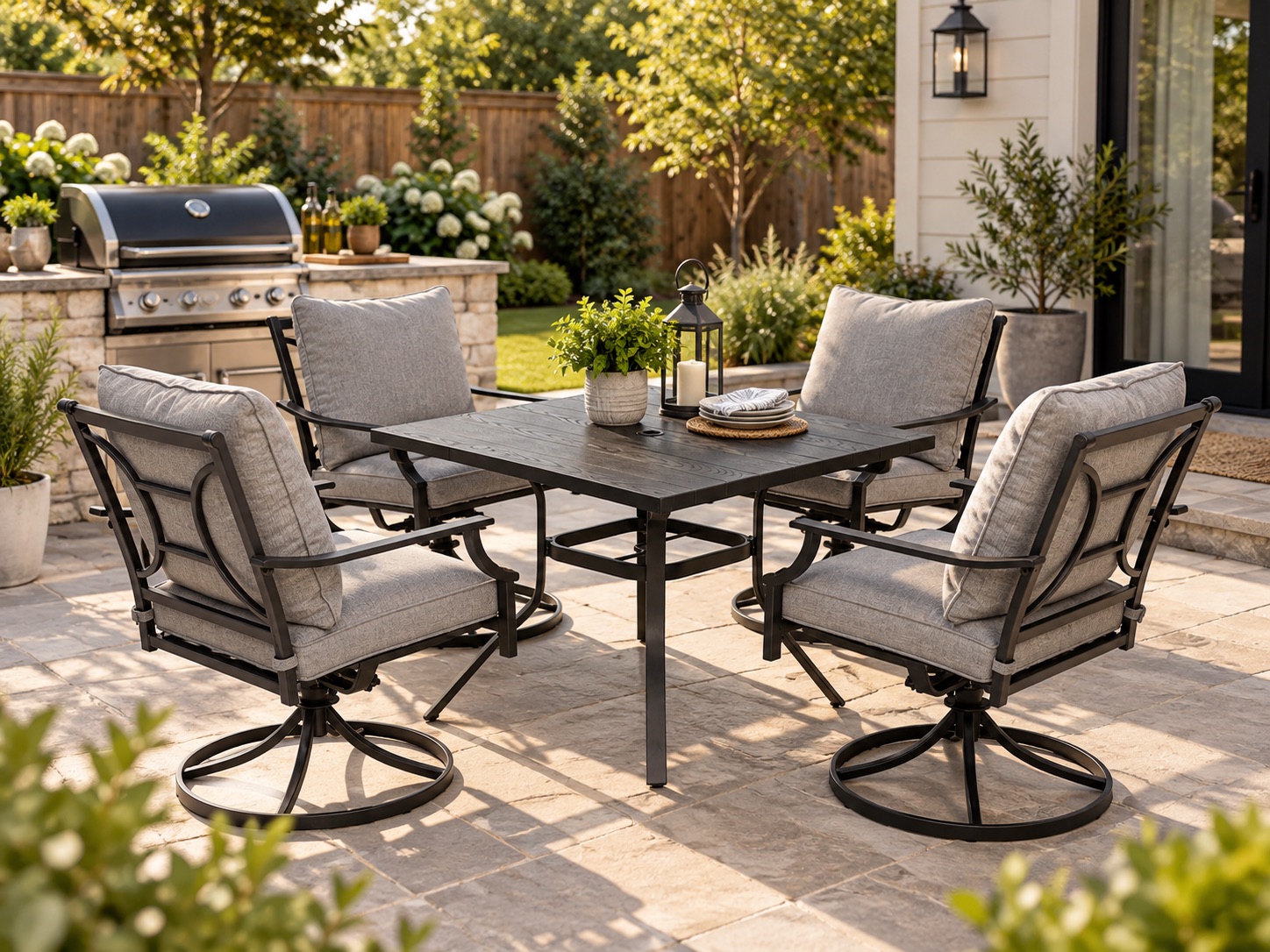 Grand Patio outdoor dining set with swivel chairs beside a modular wicker conversation set