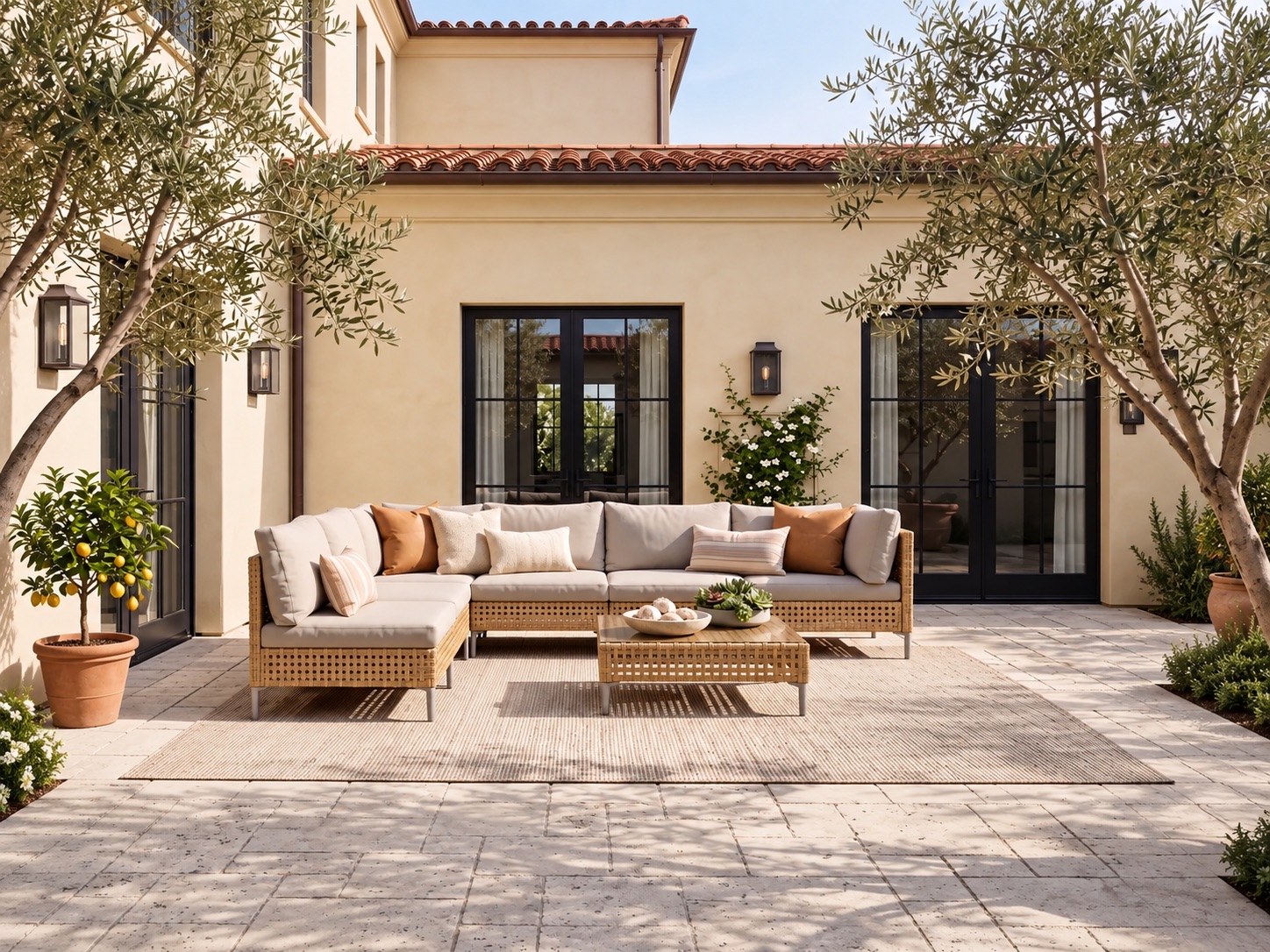 Grand Patio six-seat modular wicker conversation sofa set with outdoor cushions