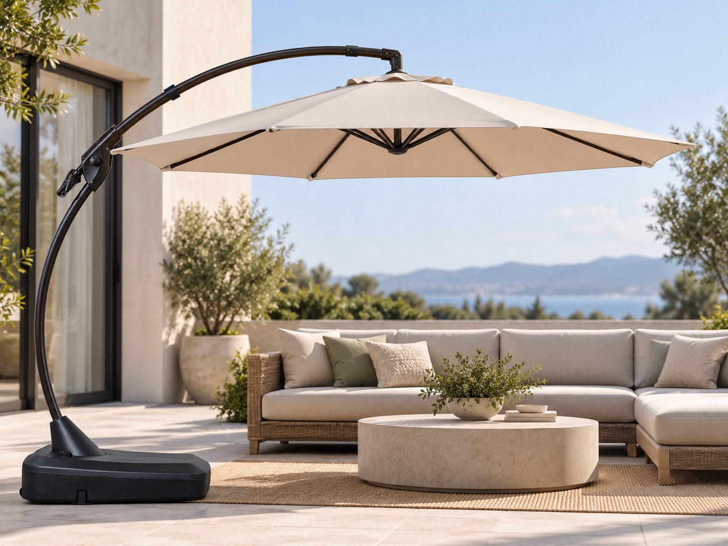 Large Grand Patio Napoli cantilever umbrella with curved aluminum frame and weighted base