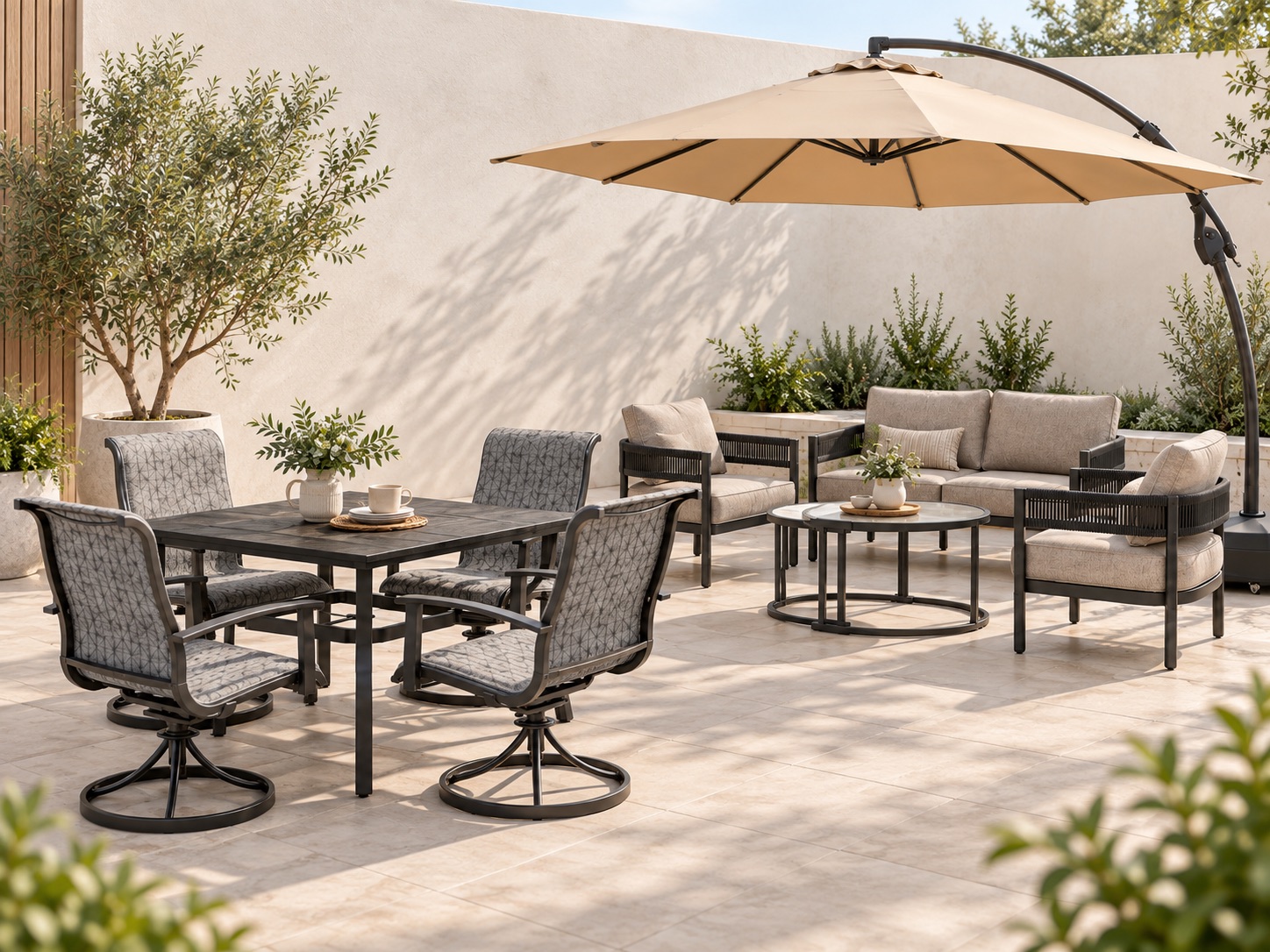 Modern Grand Patio outdoor furniture with dining, lounge seating and a cantilever umbrella on a neutral patio