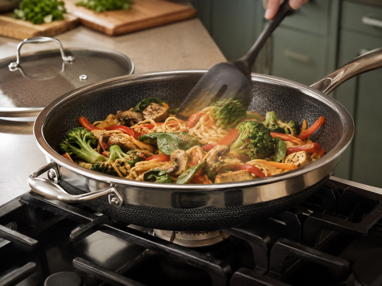HexClad Hybrid-Wok mit Deckel in 30 cm für Gemüse, Nudelgerichte und große Portionen