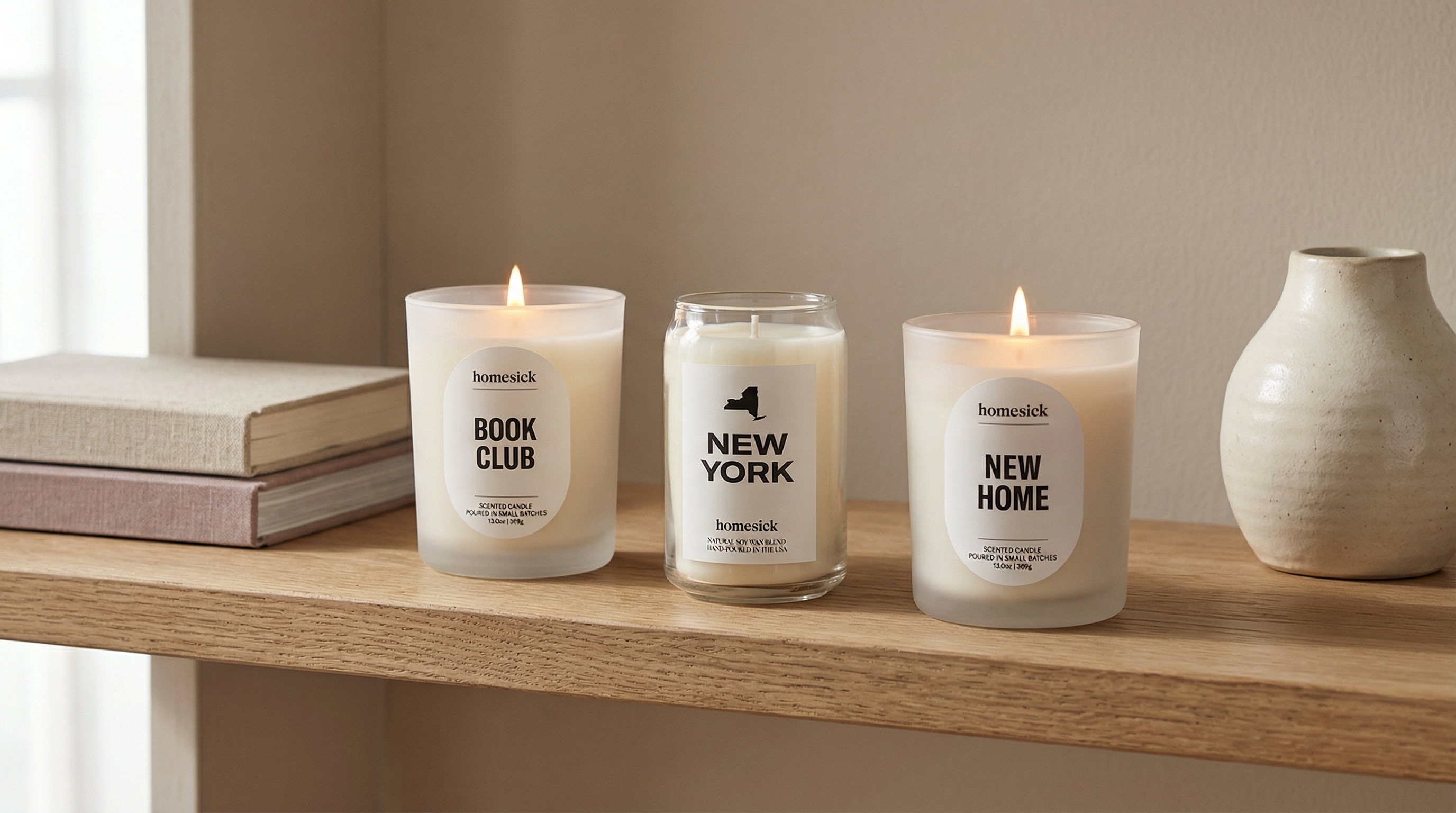 Homesick mini candles set displayed on a shelf