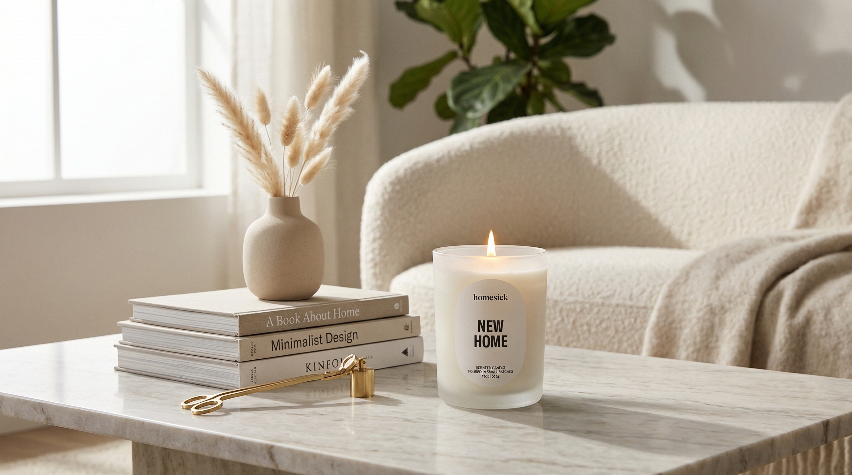 Homesick New Home candle jar placed on a living room table with soft lighting and modern home decor.