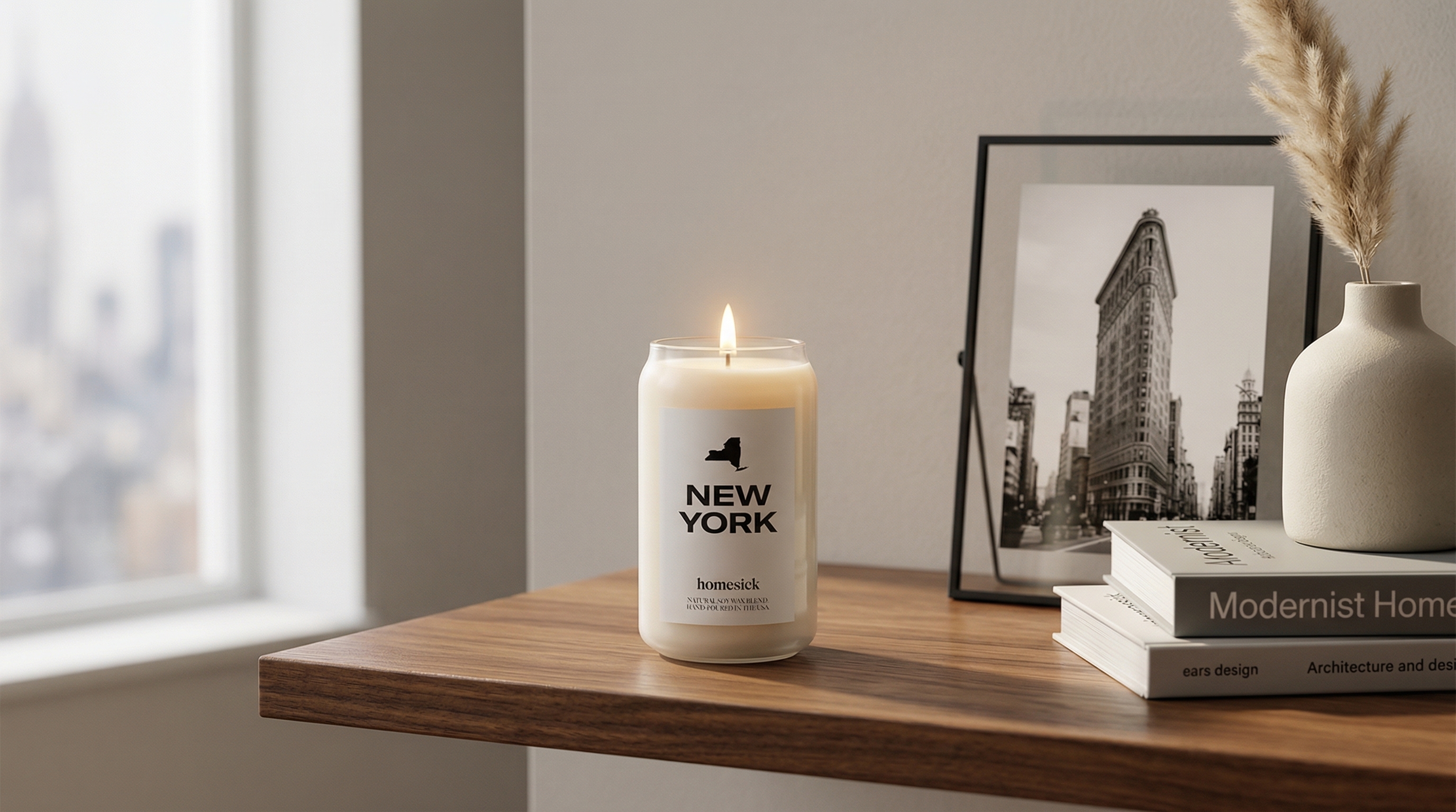 Homesick New York candle jar placed on a wooden shelf