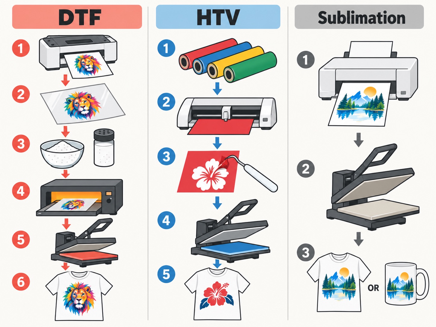 DTF vs HTV vs sublimation printing methods compared for crafting projects