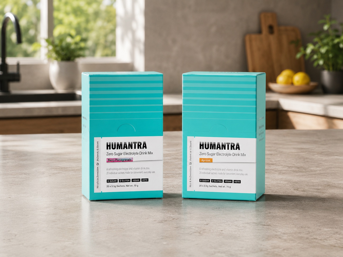 Humantra review — full box of fruit-flavoured electrolyte sachets beside a prepared drink