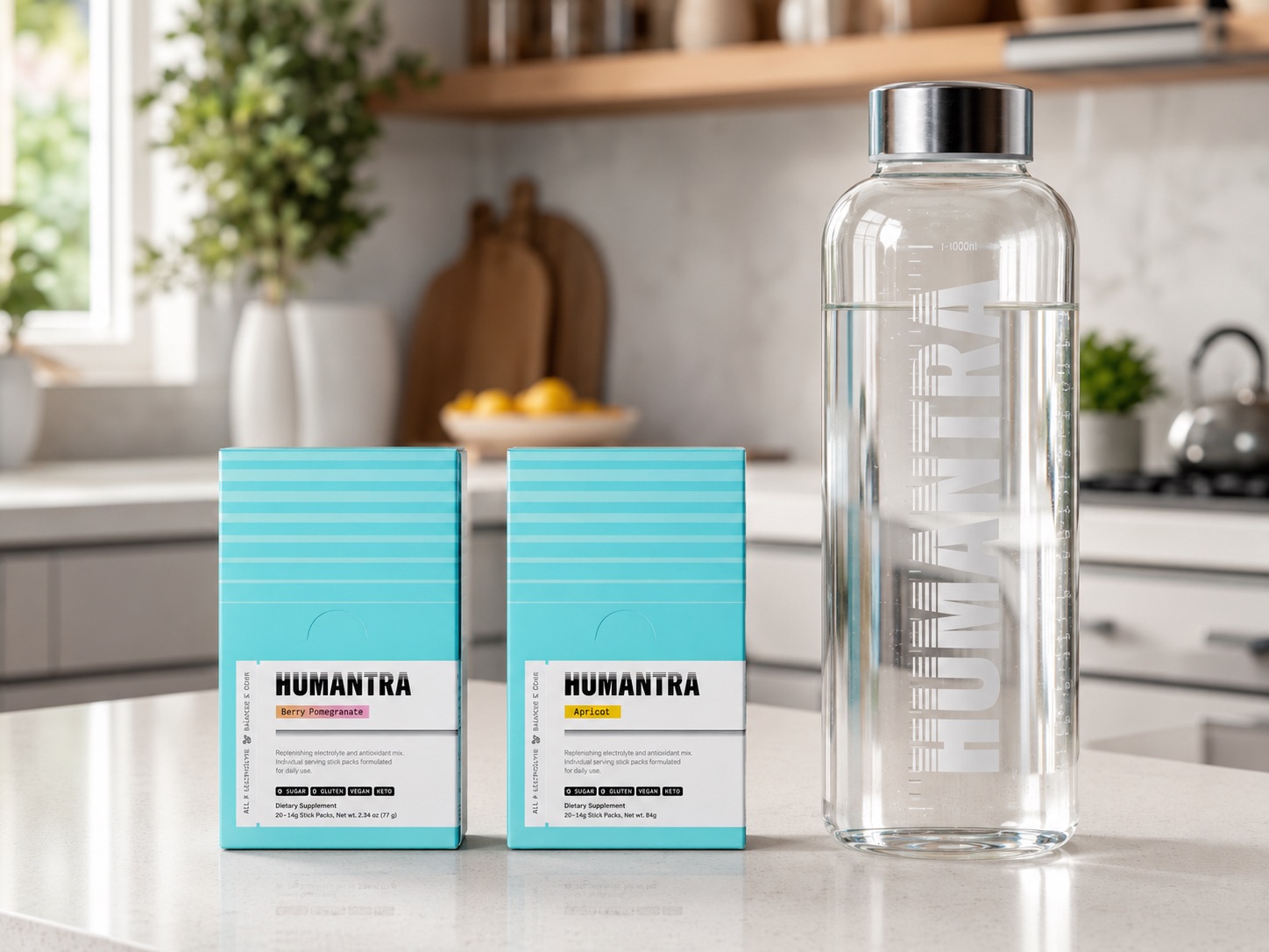 Humantra review — Starter Pack with two boxes of electrolyte sachets and a 1-litre glass bottle
