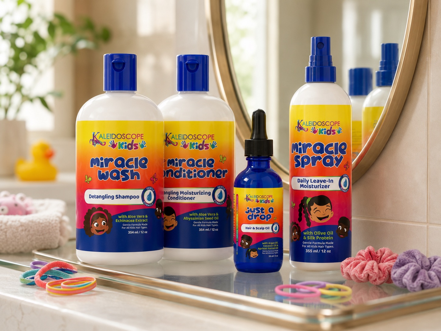 Kaleidoscope Hair Products review — Kids Essentials shampoo, conditioner, leave-in spray, and scalp oil
