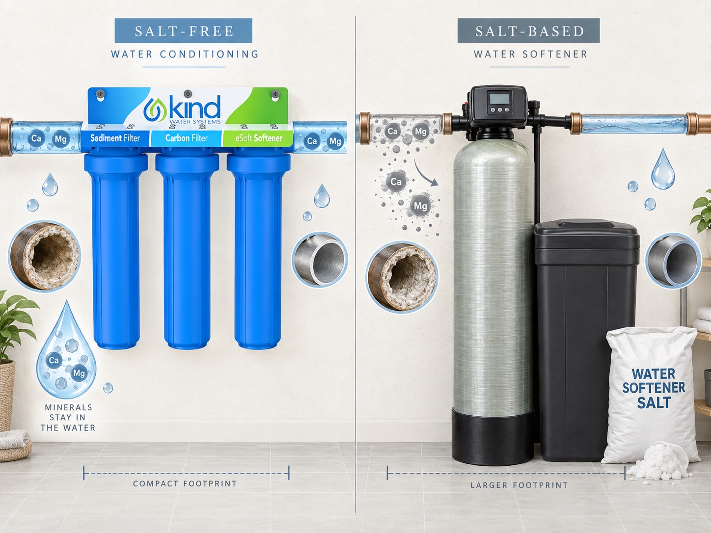 Kind Water E-3000 salt-free water softener vs traditional salt-based whole-house water softener