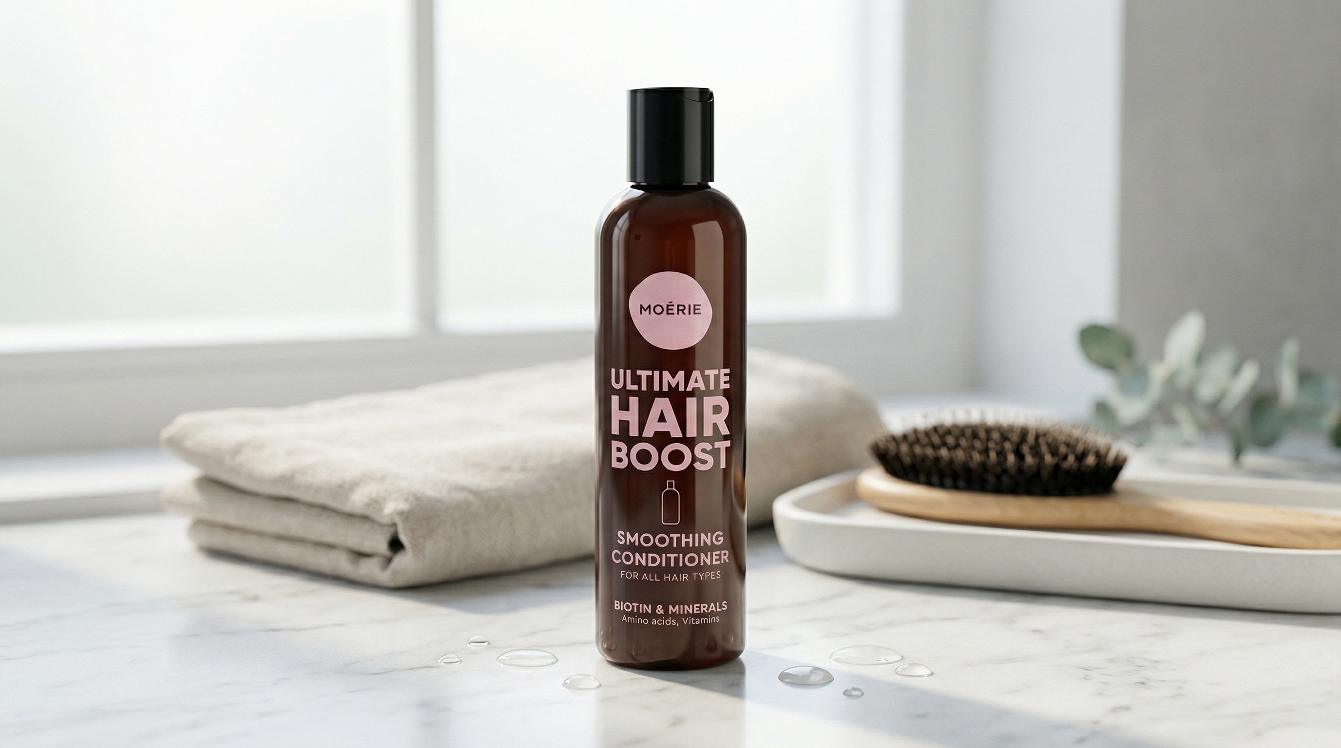 Moerie hair conditioner bottle close-up for hair growth and smooth hair care routine.
