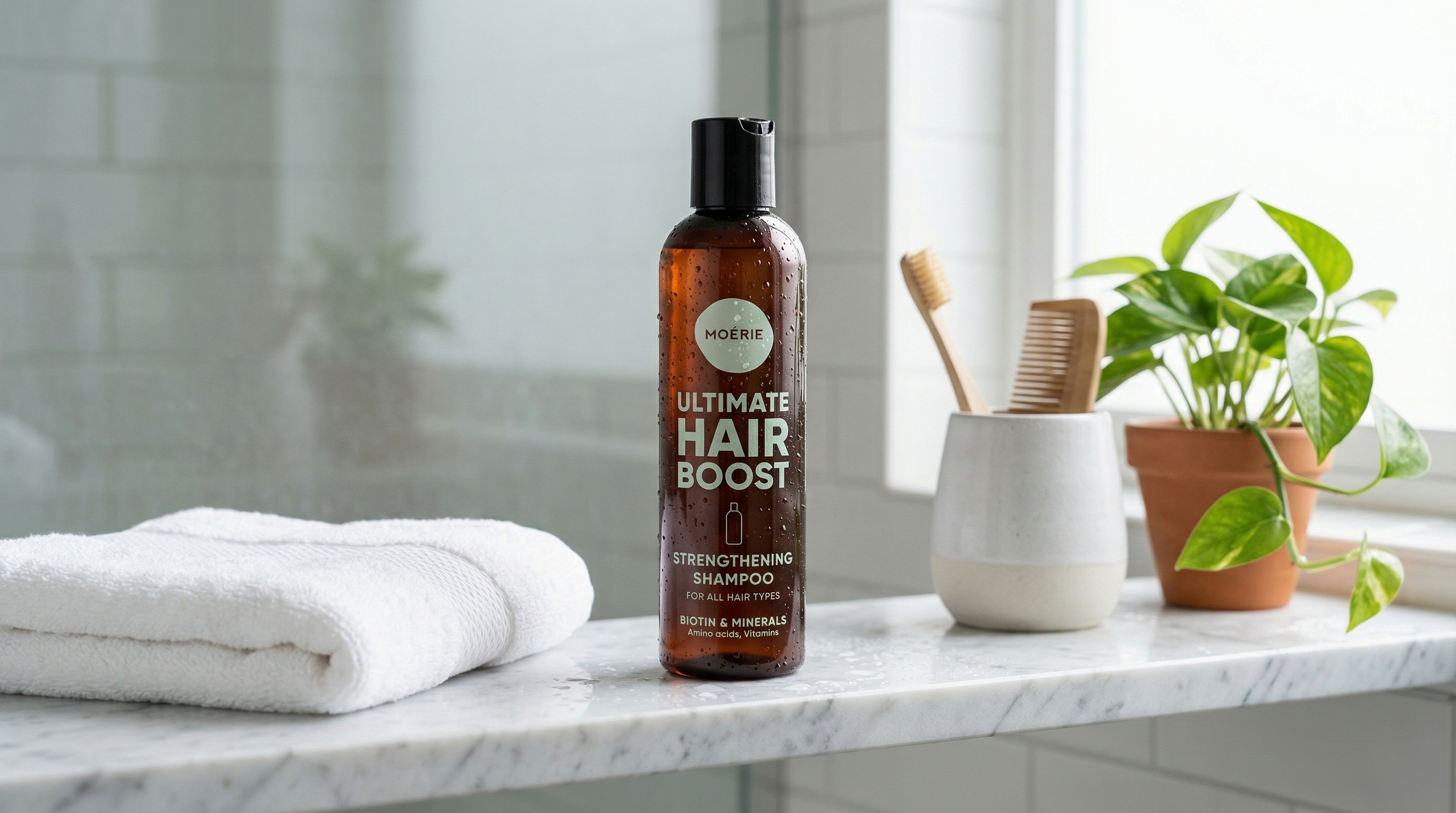 Moerie hair growth shampoo bottle on a bathroom shelf showing packaging and product design.