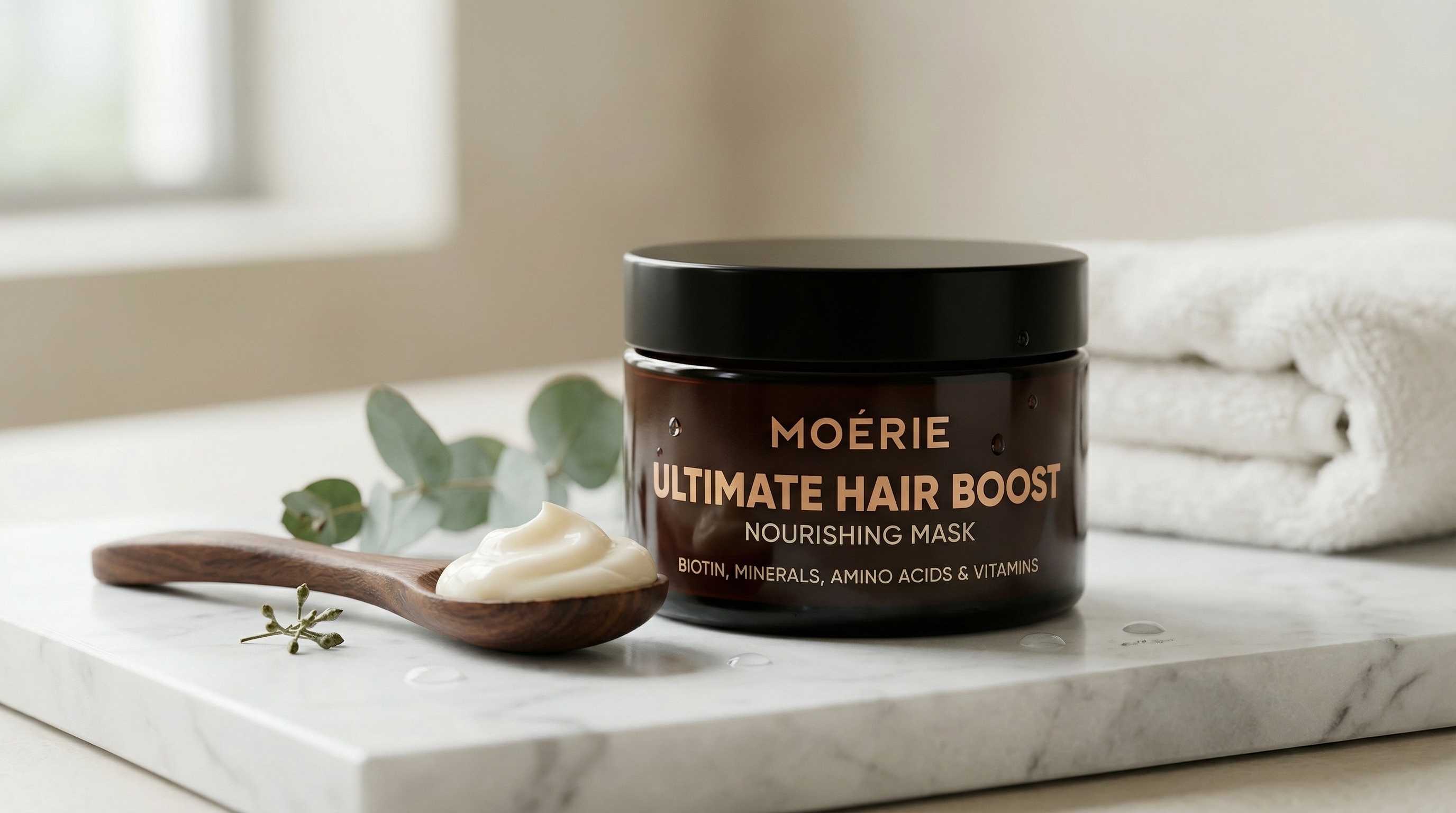 Moerie hair mask jar packaging close-up showing product container and branding.