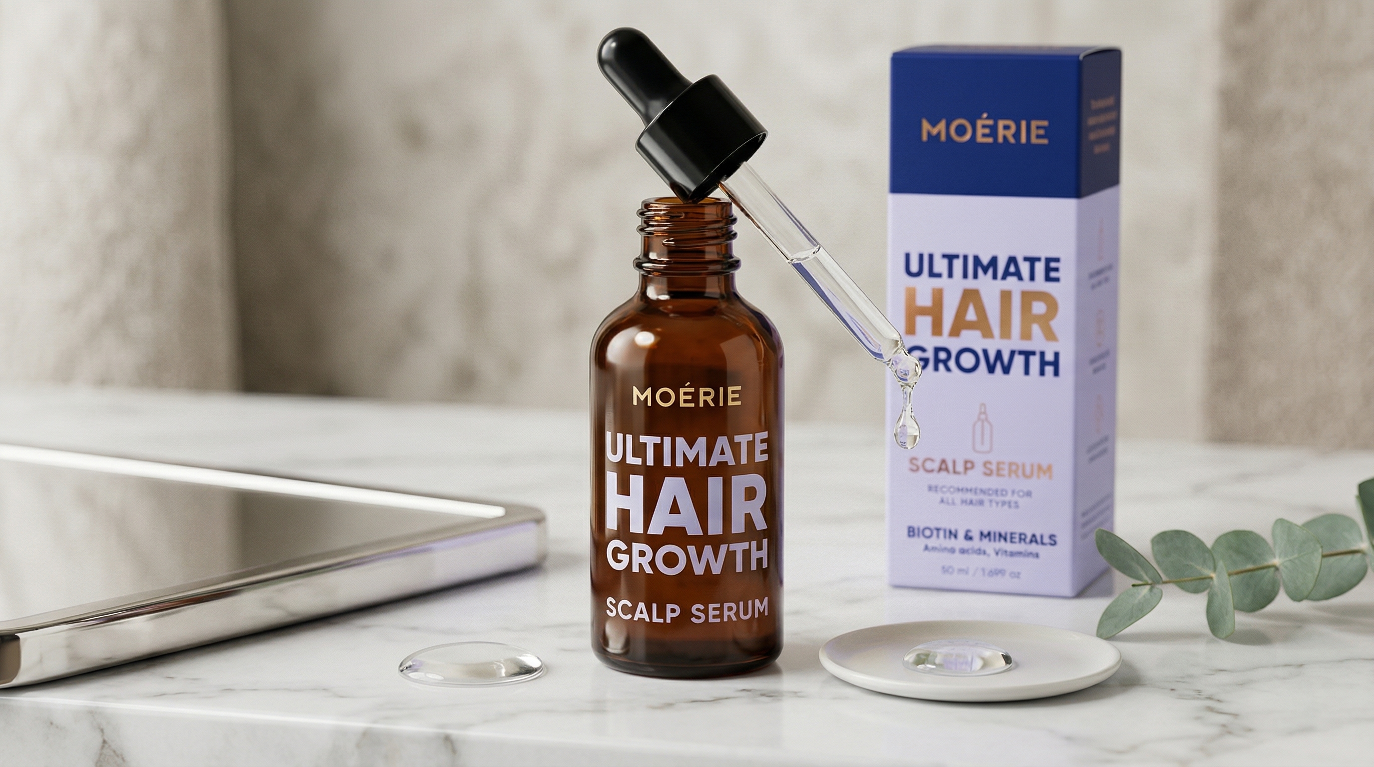 Moerie hair serum liquid close-up showing clear lightweight consistency.