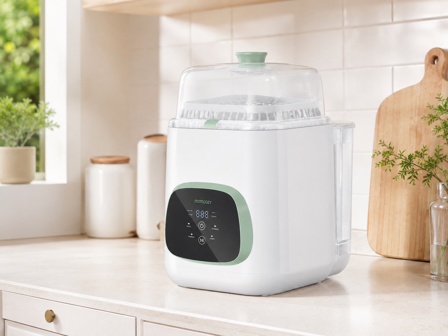 Momcozy review — KleanPal Pro bottle washer, steriliser, and dryer on a kitchen worktop
