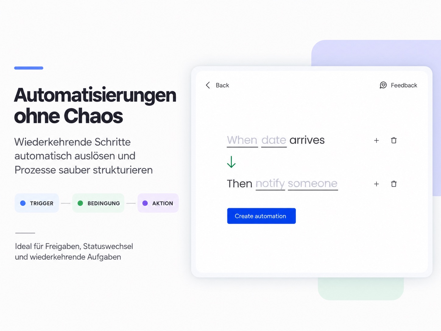 monday.com Automation mit Auslöser, Bedingung und automatischer Aktion in einem Projektworkflow