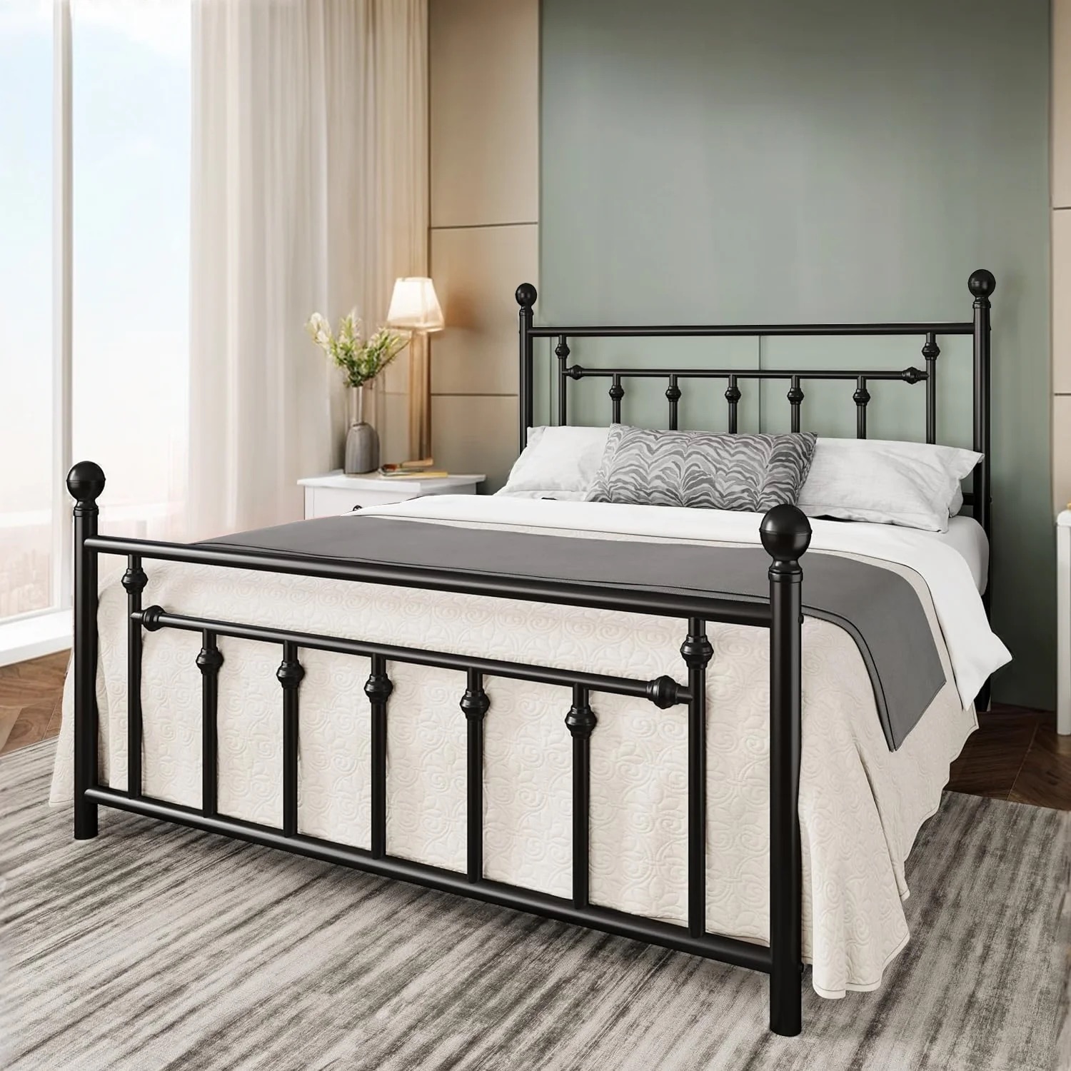 Ohwill metal platform bed frame with Victorian headboard and footboard in a styled bedroom