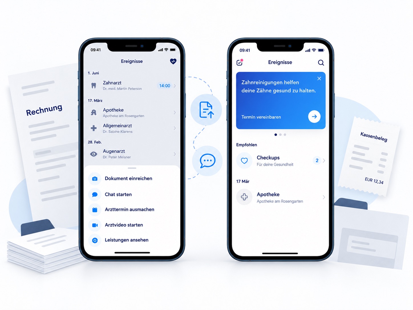 ottonova App mit Tarifübersicht, Rechnungsupload, Erstattungsstatus und Concierge-Chat